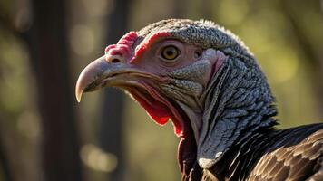 Close-up of a turkey vulture highlighting its distinctive features and textures. photo