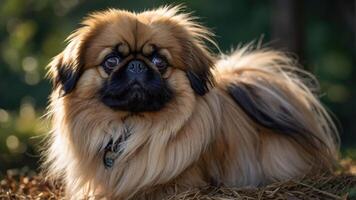 A fluffy dog resting on straw, showcasing its expressive eyes and soft fur. photo