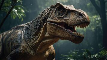 A realistic depiction of a Tyrannosaurus rex in a lush, prehistoric jungle setting. photo