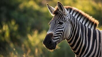 A close-up of a zebra in a natural setting, showcasing its distinctive black and white stripes. photo