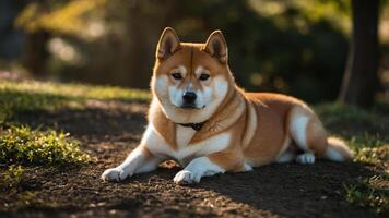 A Shiba Inu dog lounging on the ground in a natural setting. photo