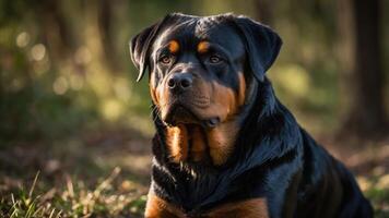 A close-up of a Rottweiler resting in a natural setting, showcasing its calm demeanor. photo