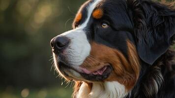 A close-up of a Bernese Mountain Dog with a soft, focused expression. photo
