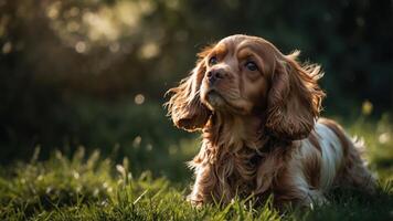 A brown dog resting on grass, gazing thoughtfully into the distance. photo