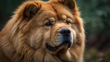 A close-up of a fluffy, golden Chow Chow dog with a serene expression. photo