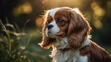 A close-up of a Cavalier King Charles Spaniel in a natural setting with soft lighting. photo