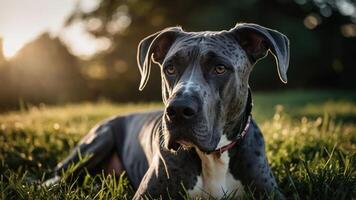 A close-up of a gray and white dog lying on grass during sunset. photo