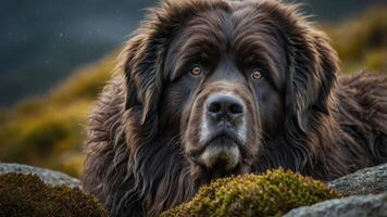 A close-up of a brown dog resting in a natural setting, showcasing its expressive eyes. photo