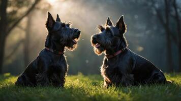 Two black dogs sitting in a sunlit field, creating a serene and joyful atmosphere. photo