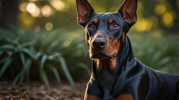 A close-up of a Doberman dog with a blurred natural background. photo