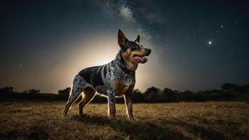 A dog stands in a field under a starry sky, illuminated by the Milky Way. photo