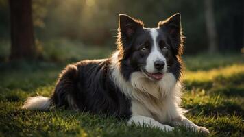 A Border Collie resting in a sunlit grassy area, showcasing its playful demeanor. photo