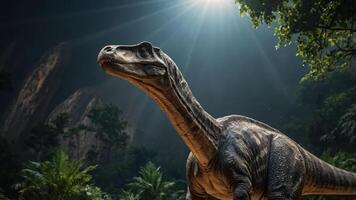 A dinosaur stands majestically in a lush, prehistoric environment illuminated by sunlight. photo