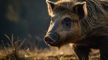 A close-up of a wild boar in a natural setting, showcasing its details and surroundings. photo