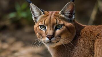 A close-up of a caracal, showcasing its striking features and intense gaze. photo