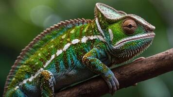 A close-up of a vibrant chameleon resting on a branch, showcasing its colorful skin. photo