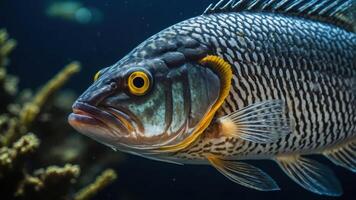 A close-up of a colorful fish swimming in a vibrant underwater environment. photo