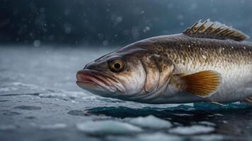 A close-up of a fish on ice, showcasing its features in a cold environment. photo