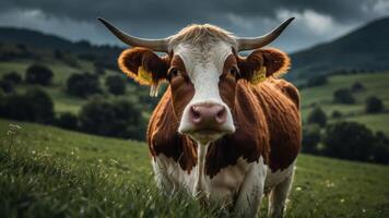 A close-up of a brown and white cow in a green field under a cloudy sky. photo