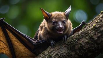 A close-up of a bat perched on a tree branch, showcasing its features and environment. photo