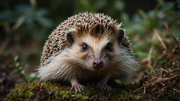 A close-up of a hedgehog on moss, showcasing its unique features and natural habitat. photo
