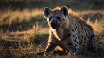 A hyena resting in the grass during golden hour, showcasing its distinctive coat and features. photo