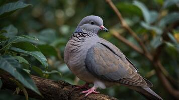 A serene dove perched on a branch amidst lush green foliage. photo