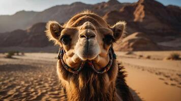 A close-up of a camel in a desert landscape, showcasing its features and surroundings. photo