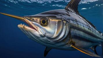 A close-up of a marlin swimming underwater, showcasing its sleek body and sharp bill. photo