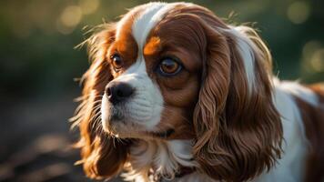 A close-up of a Cavalier King Charles Spaniel with expressive eyes and soft fur. photo
