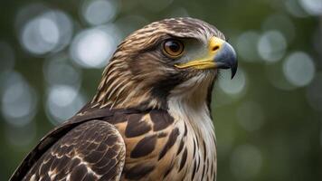 A close-up of a hawk showcasing its detailed feathers and sharp gaze. photo