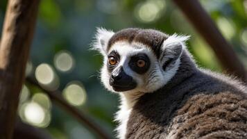 A close-up of a lemur with striking features, showcasing its curious expression. photo
