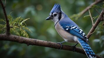 A vibrant blue jay perched on a branch, showcasing its striking plumage in a natural setting. photo