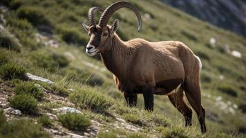 A wild goat with curved horns stands on grassy terrain in a natural setting. photo