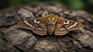 A detailed image of a moth resting on textured bark. photo