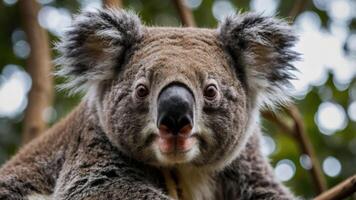 A close-up of a koala perched on a branch, showcasing its distinctive features. photo
