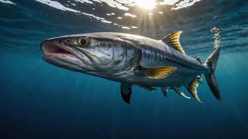 A close-up view of a fish swimming underwater, illuminated by sunlight from above. photo