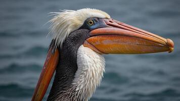 Close-up of a pelican showcasing its distinctive beak and feathers against a water background. photo