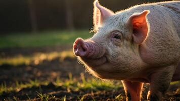A close-up of a pig in a grassy field during golden hour, showcasing its features. photo