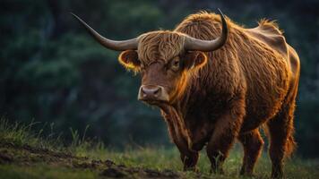 A close-up of a Highland cow with long horns in a natural setting during golden hour. photo