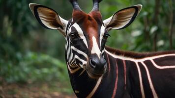 A close-up of an okapi in its natural habitat, showcasing its unique striped pattern. photo