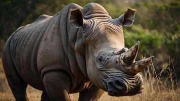 A close-up of a rhinoceros in its natural habitat, showcasing its distinct features and texture. photo