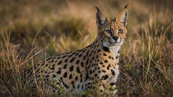 A serval cat rests in tall grass, showcasing its distinctive spotted coat and alert expression. photo
