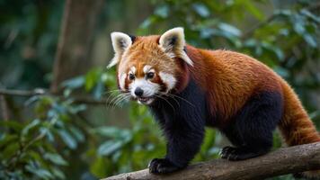 A red panda standing on a branch surrounded by greenery in a natural habitat. photo