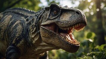 A detailed depiction of a dinosaur in a lush forest setting. photo