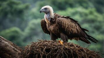 A vulture perched on a nest, surrounded by a lush green background. photo