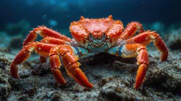 A vibrant orange crab positioned on the ocean floor, showcasing its detailed features. photo