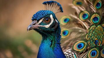 A close-up of a peacock showcasing its vibrant colors and intricate feather patterns. photo