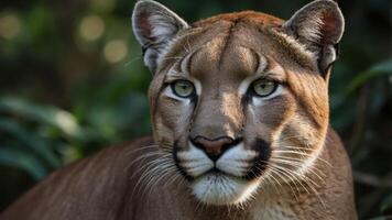 A close-up of a puma showcasing its striking features and intense gaze. photo