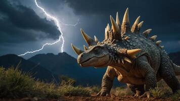 A dinosaur-like creature stands in a dramatic landscape with lightning striking in the background. photo